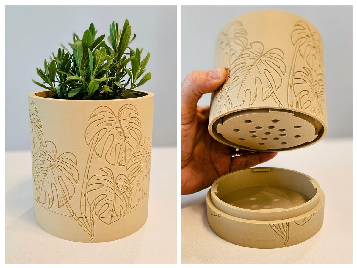 Monstera Leaf Planter with Hidden Drip Tray | Modern 3D Printed Indoor Plant Pot | 12cm Planter