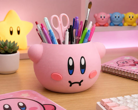 Pink Kirby Pen Holder & Planter | Cute 3D Printed Desk Organiser | Gamer Pencil Pot | Succulent Plant Pot | Gaming Room Decor