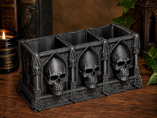 Gothic Skull Desk Organizer – Cathedral Pen Holder – Gothic Stationery Storage – Skull Pencil Pot – Dark Academia Desk Decor