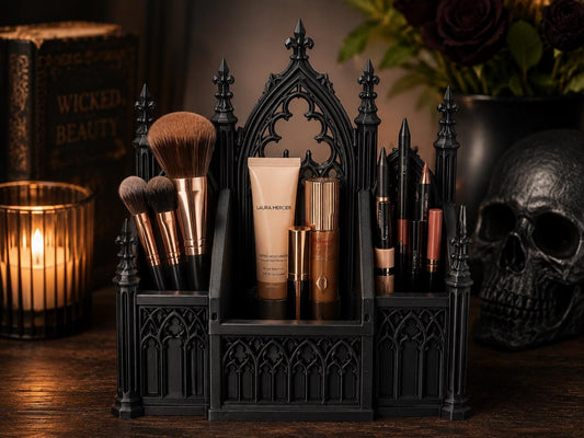Gothic Makeup Organizer – Cathedral Vanity Storage | 3 Compartment Makeup & Brush Holder | Gothic Bathroom Decor