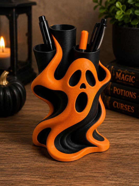 Halloween Pen Holder Set – Ghost & Pumpkin Desk Organiser – Spooky Pencil Pot – Cute Halloween Office Decor – 3D Printed