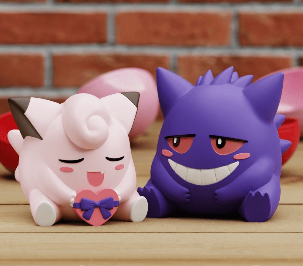 Gengar & Clefairy Couples His and Hers 3D Printed Pokemon Love Heart Valentines Anniversary Gift