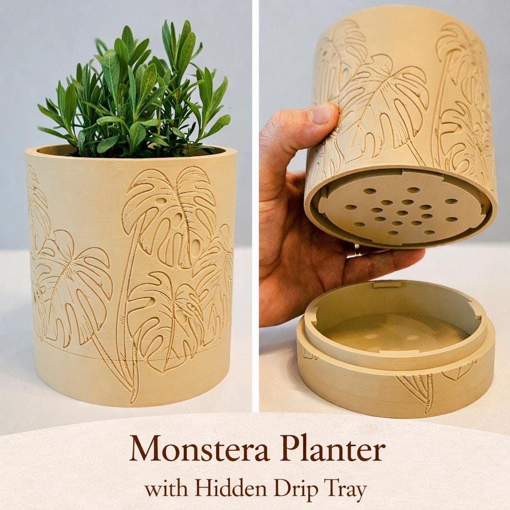 Monstera Leaf Planter with Hidden Drip Tray | Modern 3D Printed Indoor Plant Pot | 12cm Planter