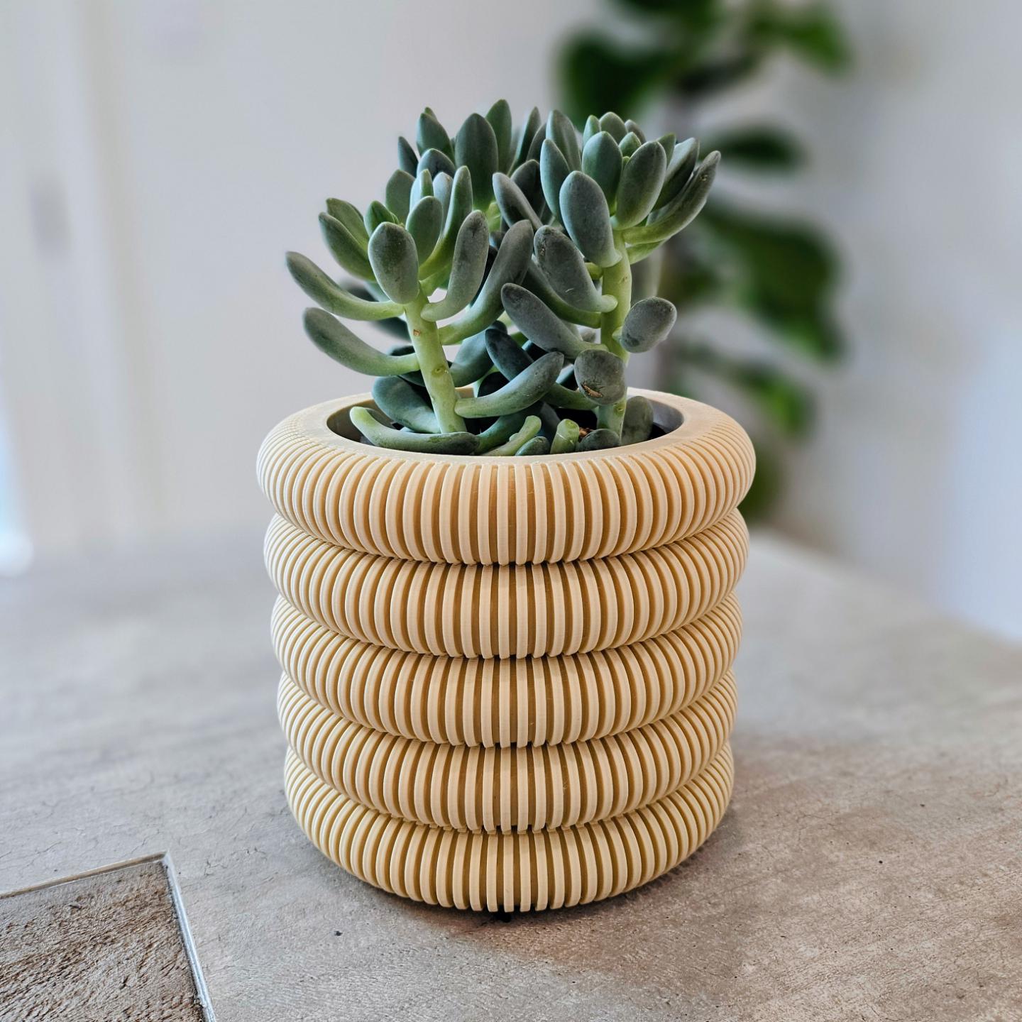 Coins Planter with Hidden Drip Tray | Modern Ribbed Plant Pot | 3D Printed Indoor Planter