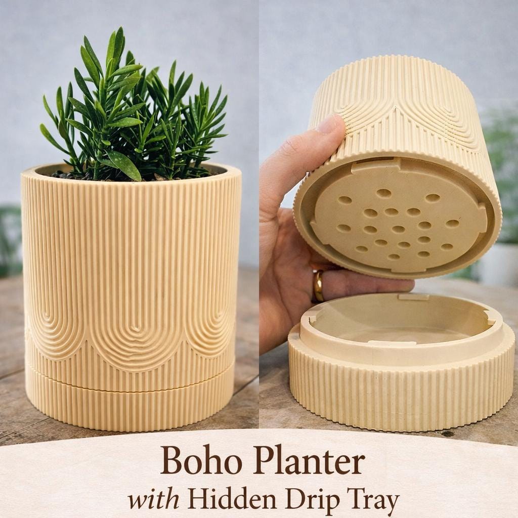 Boho Planter with Hidden Drip Tray, Modern Textured Plant Pot, Indoor Plant Pot for Houseplants, 3D Printed Planter