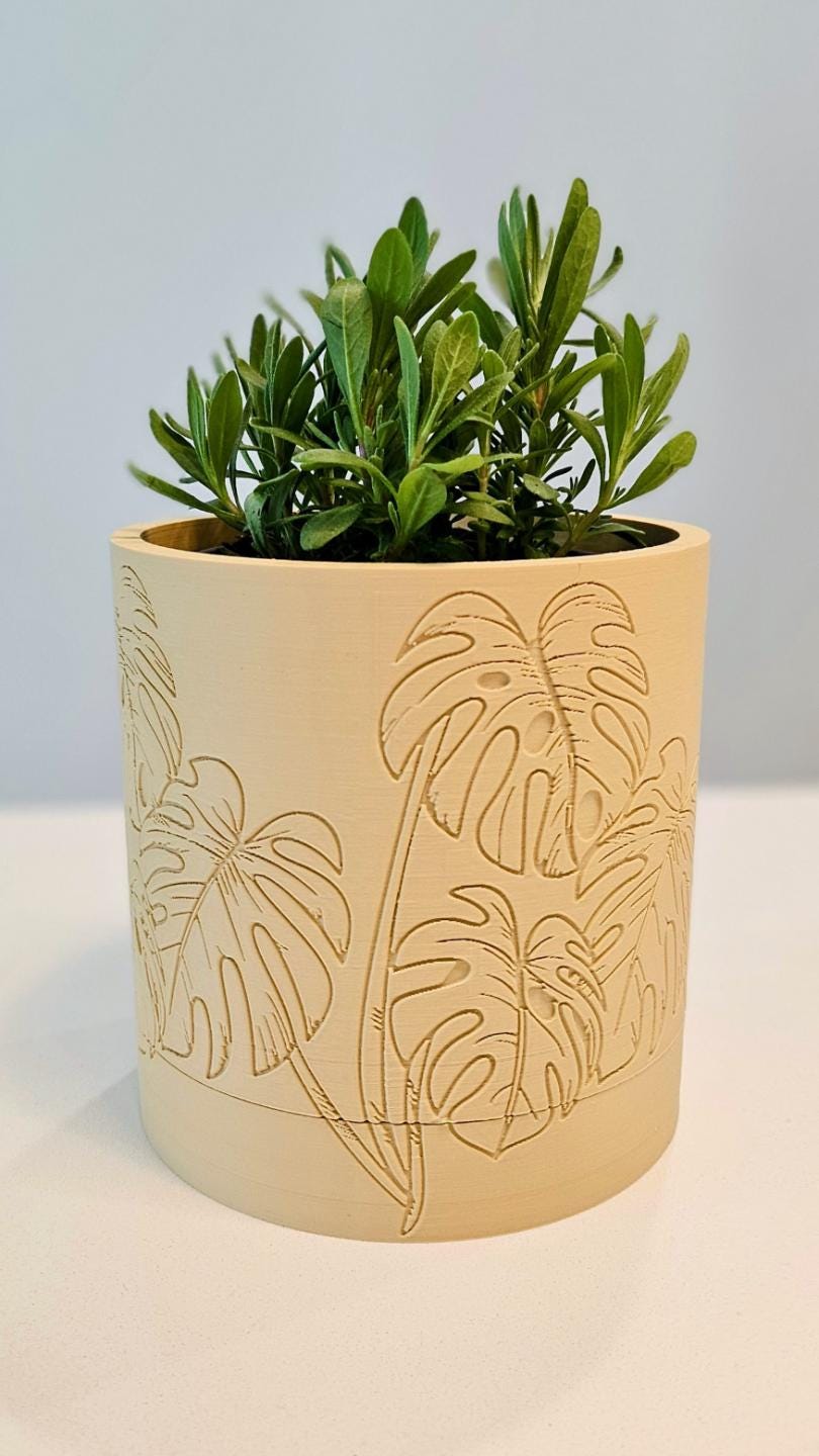 Monstera Leaf Planter with Hidden Drip Tray | Modern 3D Printed Indoor Plant Pot | 12cm Planter