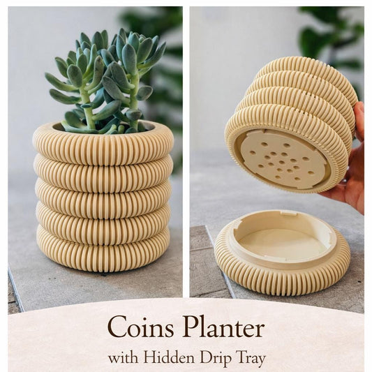 Coins Planter with Hidden Drip Tray | Modern Ribbed Plant Pot | 3D Printed Indoor Planter