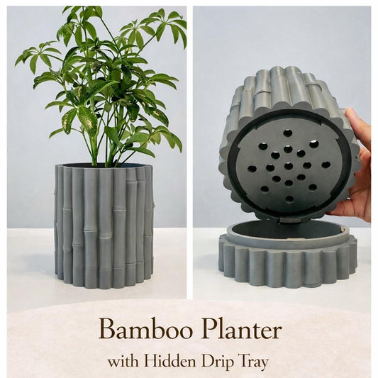 Bamboo Planter with Hidden Drip Tray | Modern 3D Printed Plant Pot | Indoor Planter