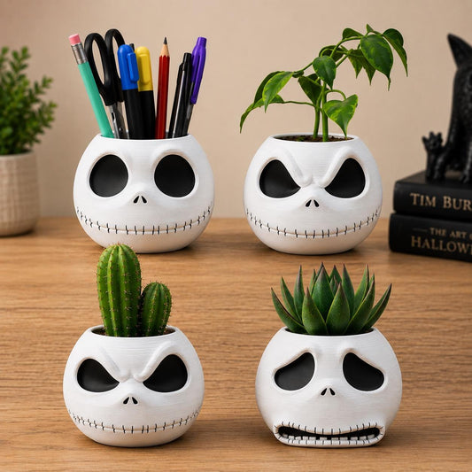 Jack Skellington Planter Pot | 3D Printed Flower Pot & Pen Holder | Multiple Sizes and Expressions | Gothic Desk Decor Gift for Fans