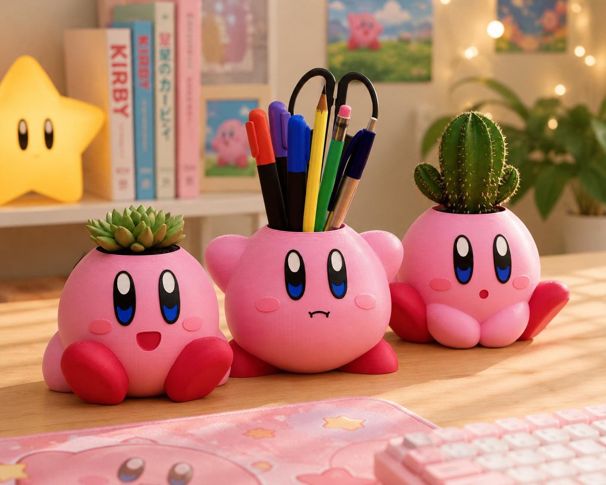 Kirby Planter & Pen Holder, Cute 3D Printed Plant Pot, Succulent and Cactus Pot, Gamer Desk Decor, Nintendo Inspired Gift, 3 Designs