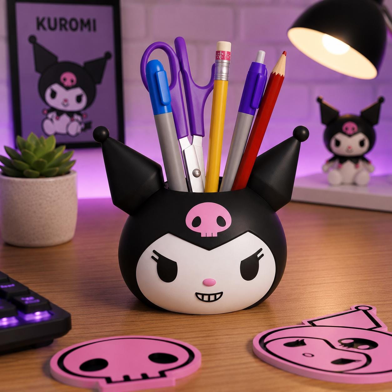 Kuromi Inspired Pen Holder Planter - Kawaii Desk Organizer Pot, Cute Succulent Plant Pot, Optional Coasters