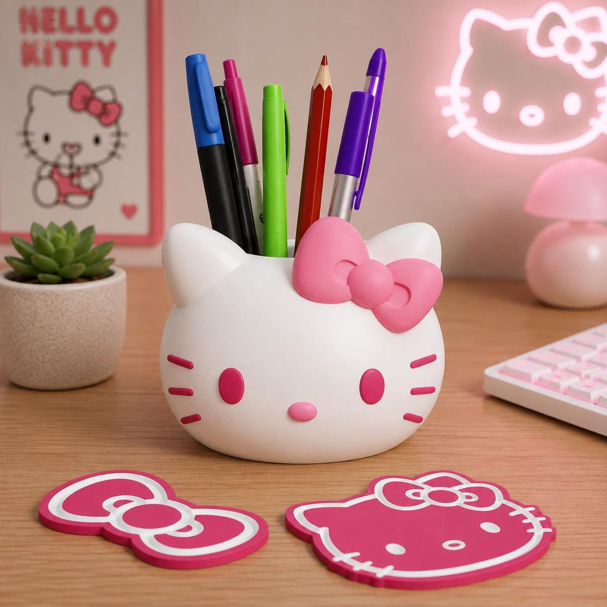 Hello Kitty Inspired Pen Holder Planter – Cute Kawaii Desk Organizer, Mini Succulent Pot with Optional Coasters
