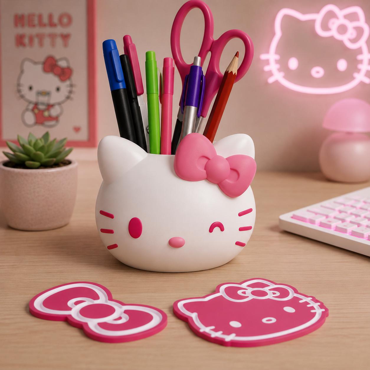Hello Kitty Inspired Pen Holder Planter – Cute Kawaii Desk Organizer, Mini Succulent Pot with Optional Coasters