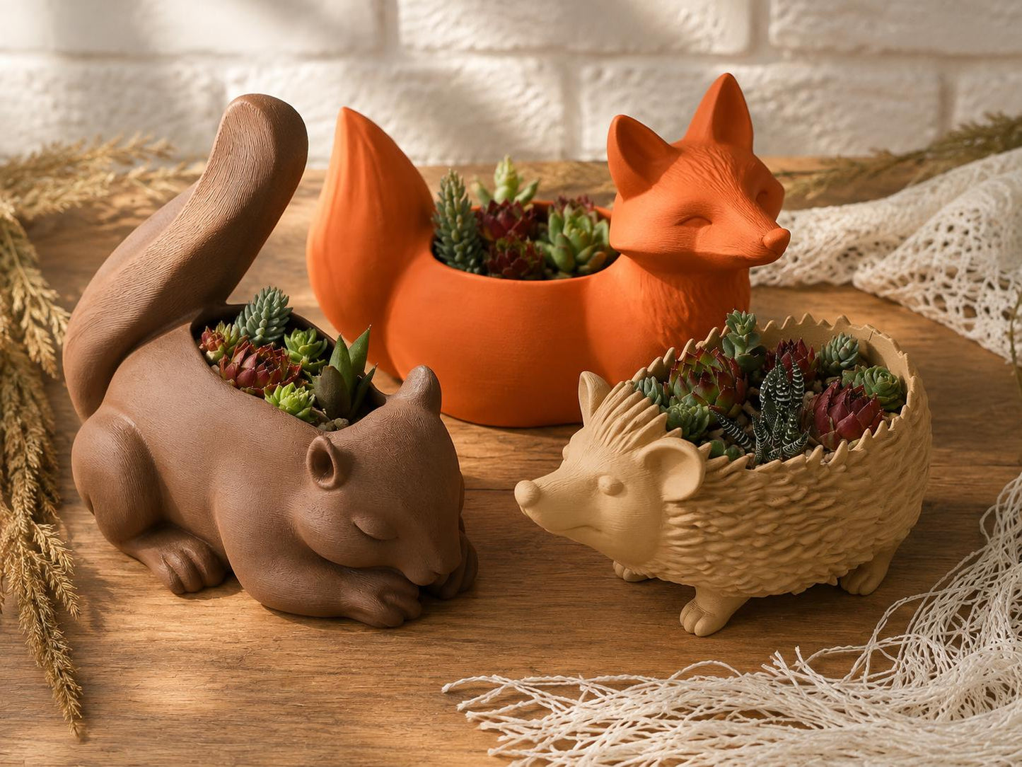 Animal Planter Set | Fox, Hedgehog & Squirrel Plant Pots | 3D Printed Succulent Planters | Woodland Animal Decor | Choose One or Set