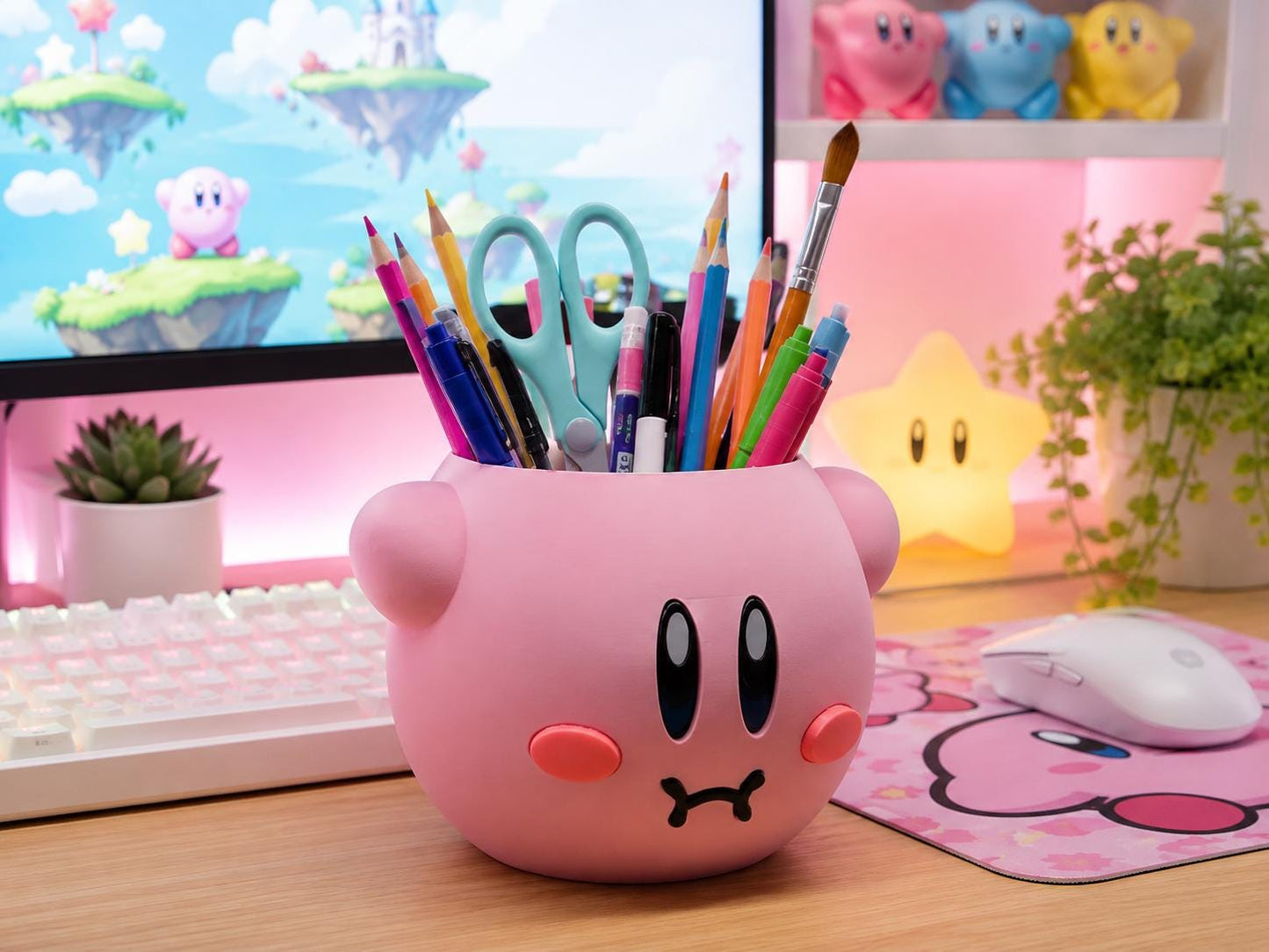 Pink Kirby Pen Holder & Planter | Cute 3D Printed Desk Organiser | Gamer Pencil Pot | Succulent Plant Pot | Gaming Room Decor