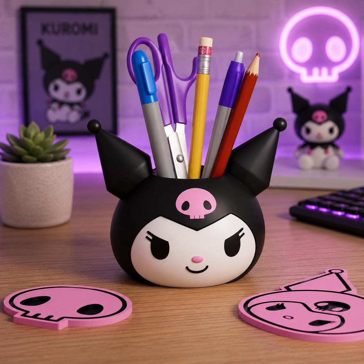 Kuromi Inspired Pen Holder Planter - Kawaii Desk Organizer Pot, Cute Succulent Plant Pot, Optional Coasters