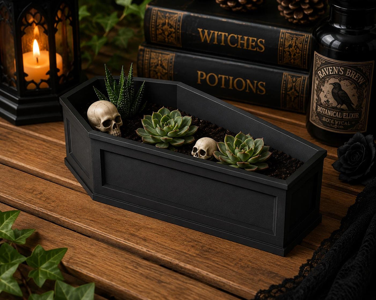 Coffin Planter with Drainage Tray | Gothic Plant Pot | Spooky Succulent Planter | Goth Home Decor | Halloween Plant Pot | Dark Academia