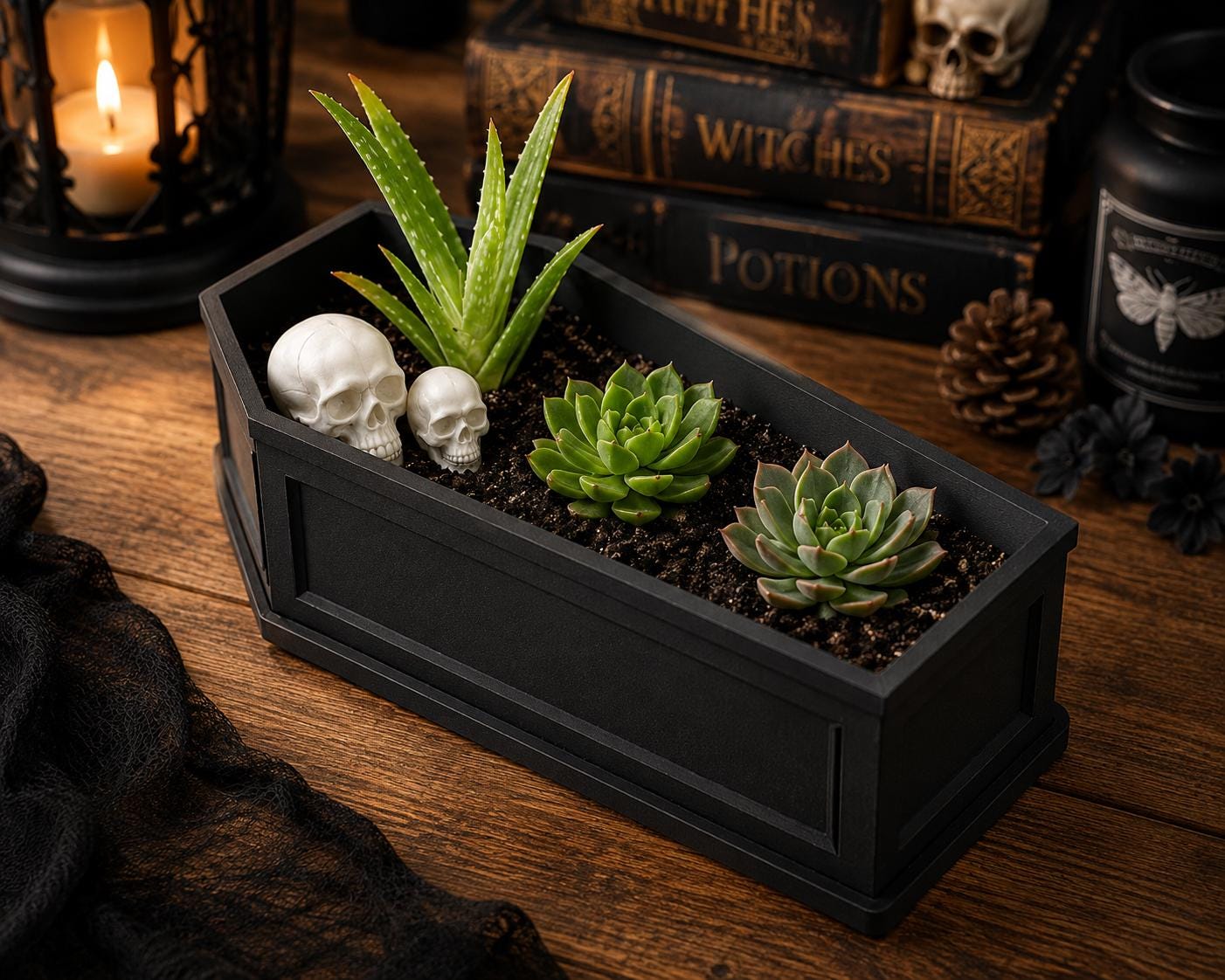 Coffin Planter with Drainage Tray | Gothic Plant Pot | Spooky Succulent Planter | Goth Home Decor | Halloween Plant Pot | Dark Academia