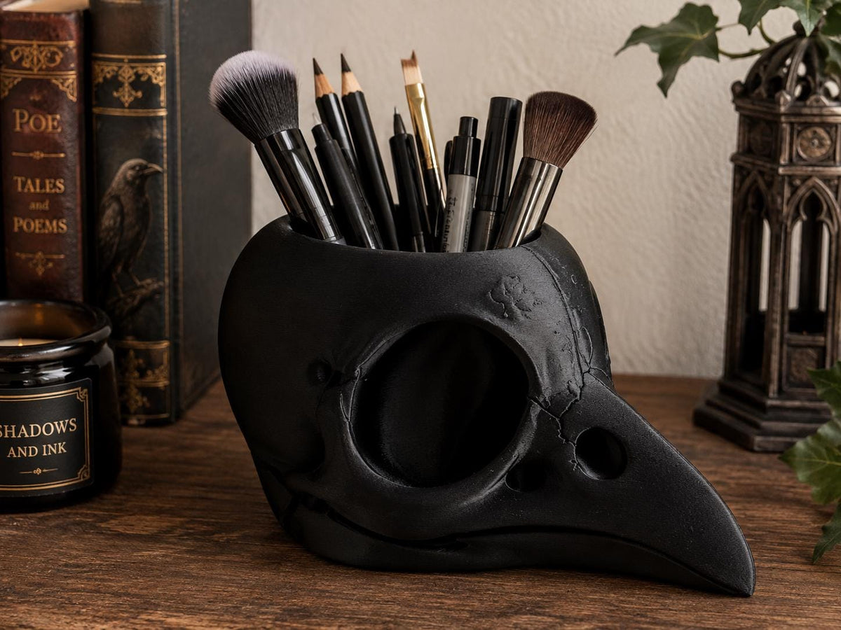 Raven Skull Pen Holder | Gothic Desk Organizer | Crow Skull Pencil Pot | Makeup Brush Holder | Dark Academia Decor | Goth Gift