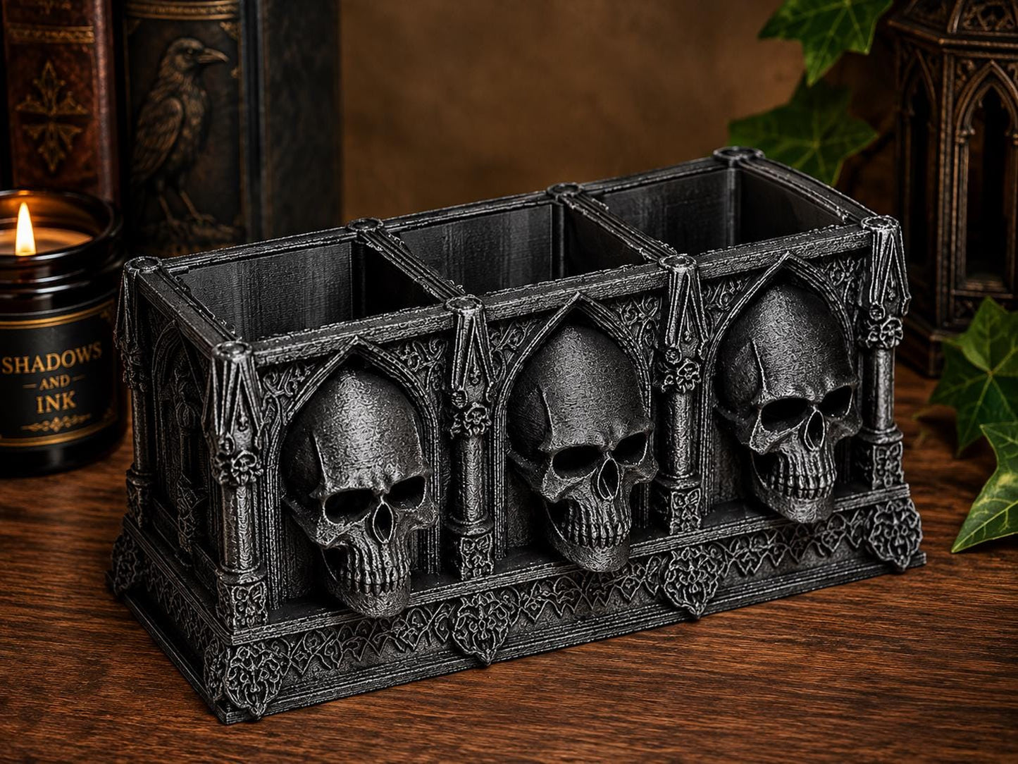 Gothic Skull Desk Organizer – Cathedral Pen Holder – Gothic Stationery Storage – Skull Pencil Pot – Dark Academia Desk Decor