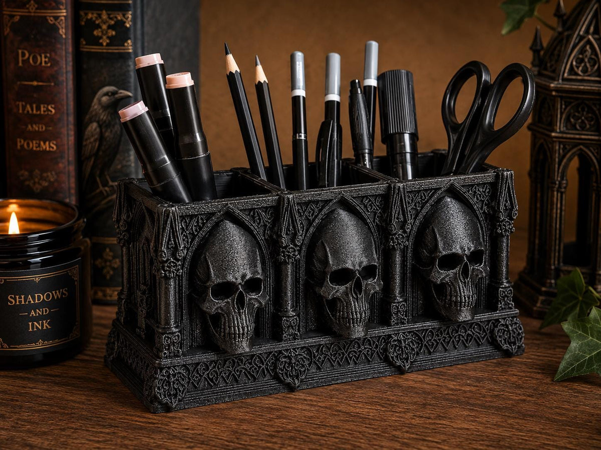 Gothic Skull Desk Organizer – Cathedral Pen Holder – Gothic Stationery Storage – Skull Pencil Pot – Dark Academia Desk Decor
