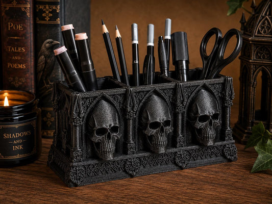 Gothic Skull Desk Organizer – Cathedral Pen Holder – Gothic Stationery Storage – Skull Pencil Pot – Dark Academia Desk Decor