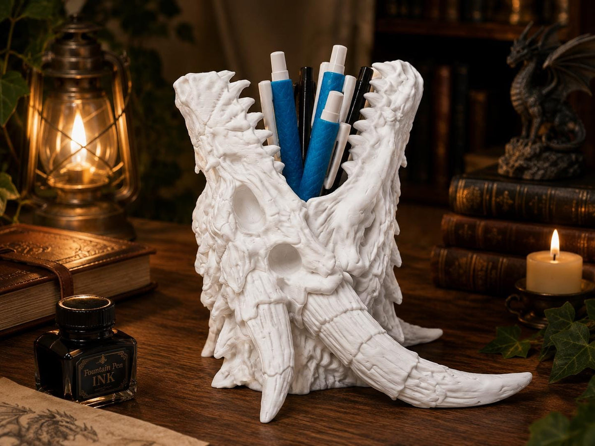 Dragon Skull Pen Holder – Ancient Relic Gothic Desk Organizer – Fantasy Dragon Decor – 3D Printed Pencil Pot – Choose Your Colour