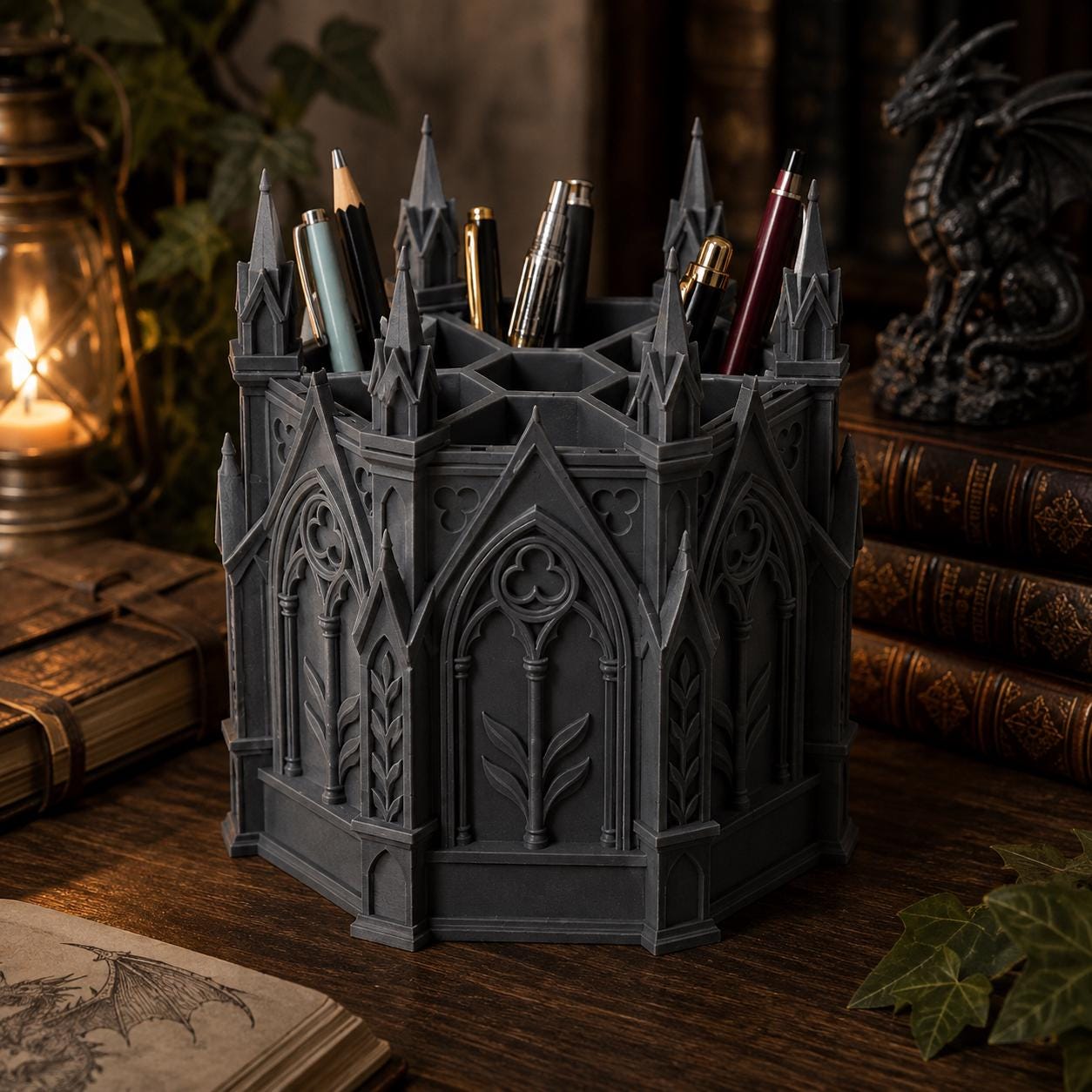 Gothic Desk Organizer – 7 Compartment Pen Holder – Cathedral Stationery Storage – Gothic Office Decor – 3D Printed Organizer