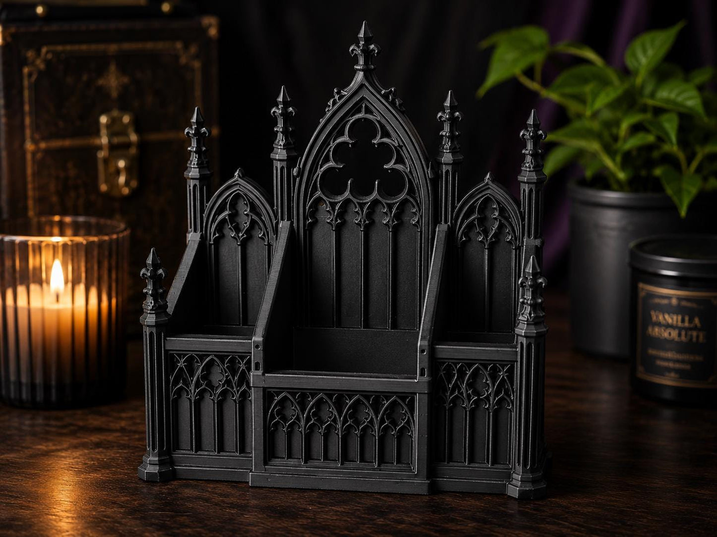 Gothic Makeup Organizer – Cathedral Vanity Storage | 3 Compartment Makeup & Brush Holder | Gothic Bathroom Decor