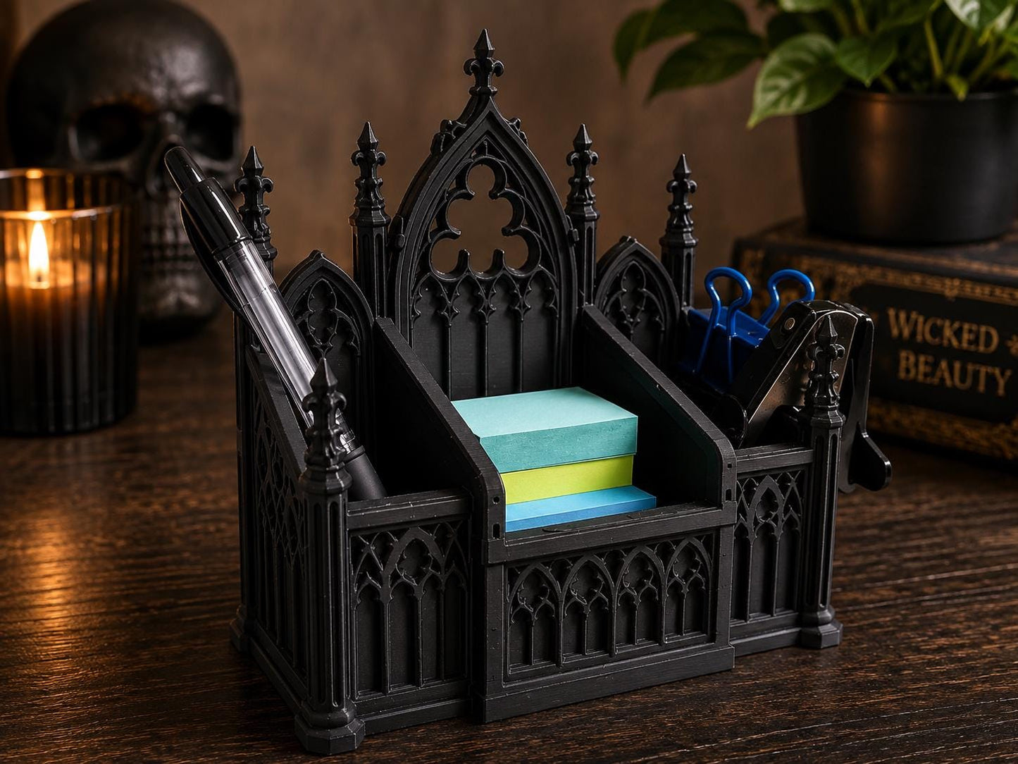 Gothic Makeup Organizer – Cathedral Vanity Storage | 3 Compartment Makeup & Brush Holder | Gothic Bathroom Decor