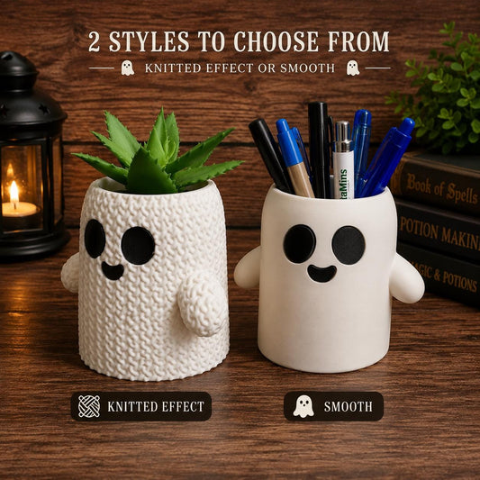 Cute Ghost Planter & Pencil Holder – Knitted or Smooth Ghost Pot – Halloween Decor – Spooky Cute 3D Printed Vase