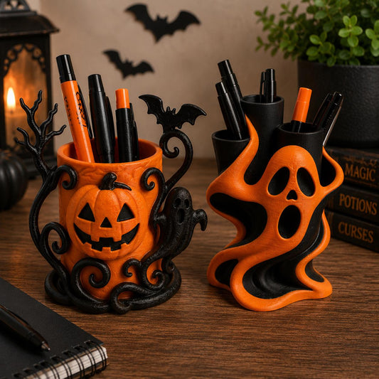 Halloween Pen Holder Set – Ghost & Pumpkin Desk Organiser – Spooky Pencil Pot – Cute Halloween Office Decor – 3D Printed