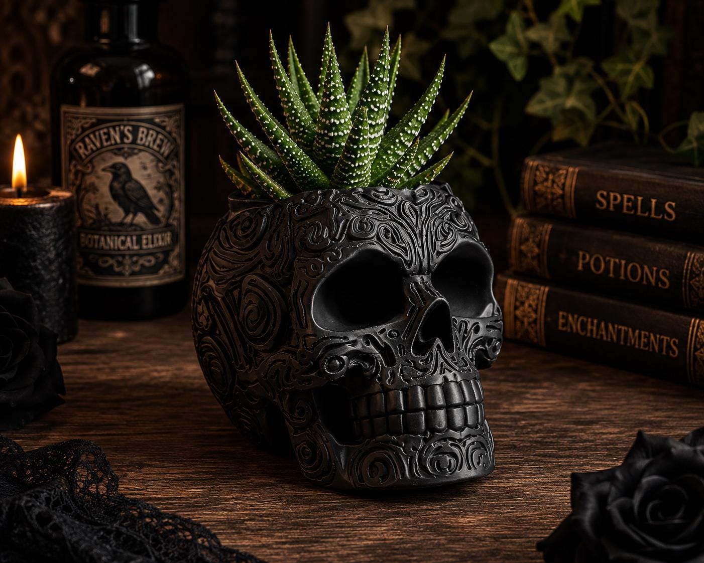 Gothic Skull Planter | Skull Plant Pot Cover | Gothic Home Decor | Succulent Pot | Alternative Desk Organizer | Halloween Decor