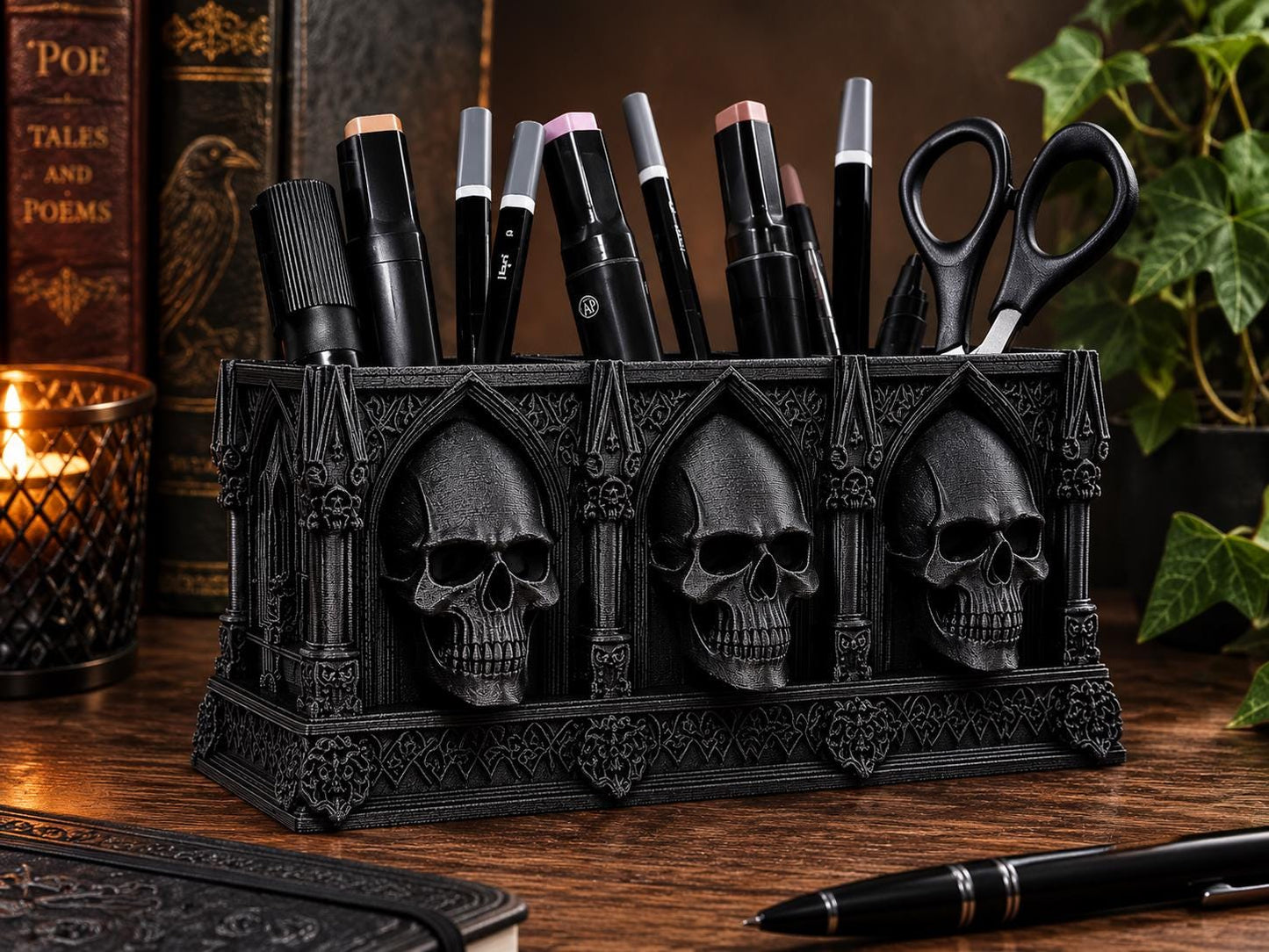 Gothic Skull Desk Organizer – Cathedral Pen Holder – Gothic Stationery Storage – Skull Pencil Pot – Dark Academia Desk Decor