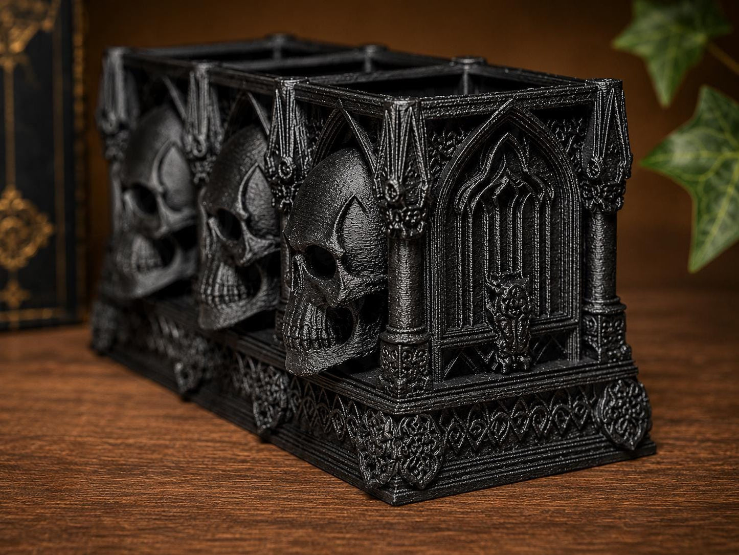 Gothic Skull Desk Organizer – Cathedral Pen Holder – Gothic Stationery Storage – Skull Pencil Pot – Dark Academia Desk Decor