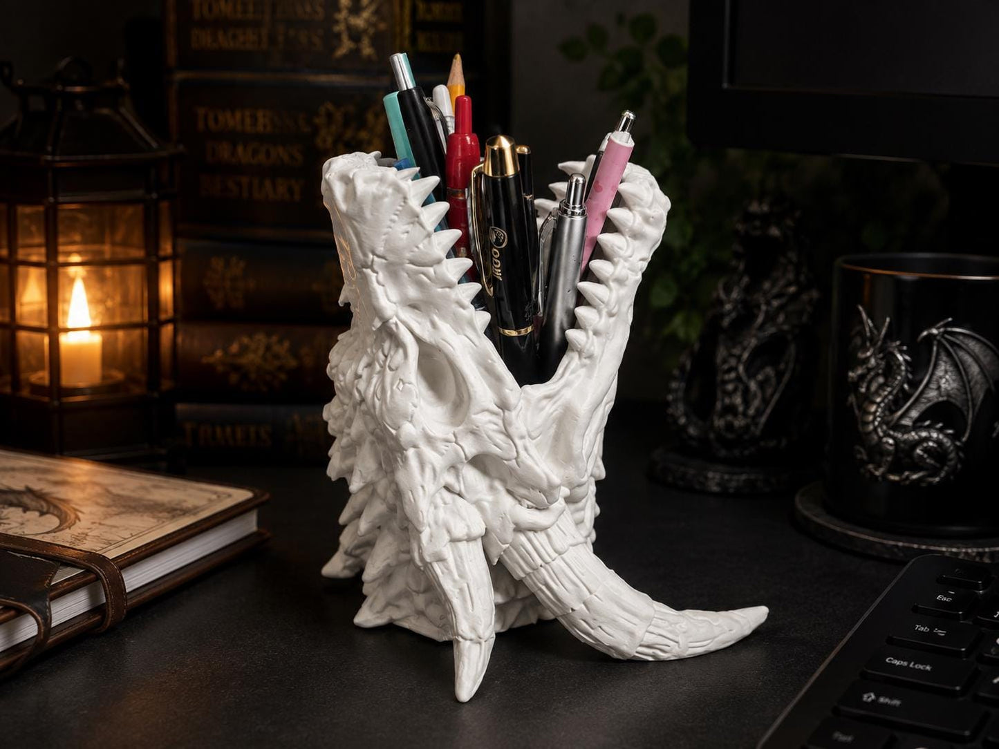 Dragon Skull Pen Holder – Ancient Relic Gothic Desk Organizer – Fantasy Dragon Decor – 3D Printed Pencil Pot – Choose Your Colour