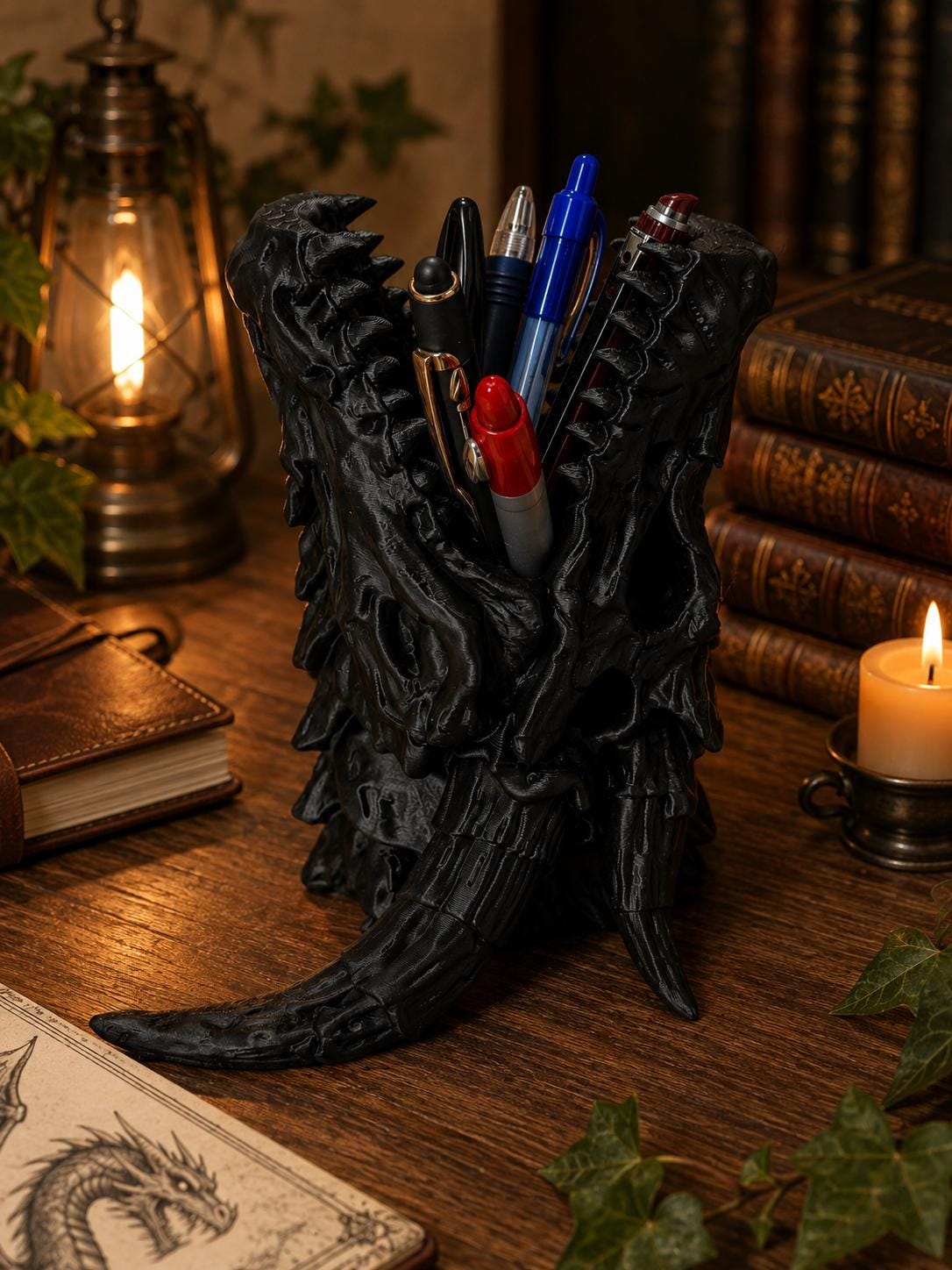 Dragon Skull Pen Holder – Ancient Relic Gothic Desk Organizer – Fantasy Dragon Decor – 3D Printed Pencil Pot – Choose Your Colour