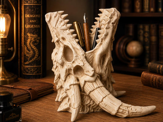 Dragon Skull Pen Holder – Ancient Relic Gothic Desk Organizer – Fantasy Dragon Decor – 3D Printed Pencil Pot – Choose Your Colour