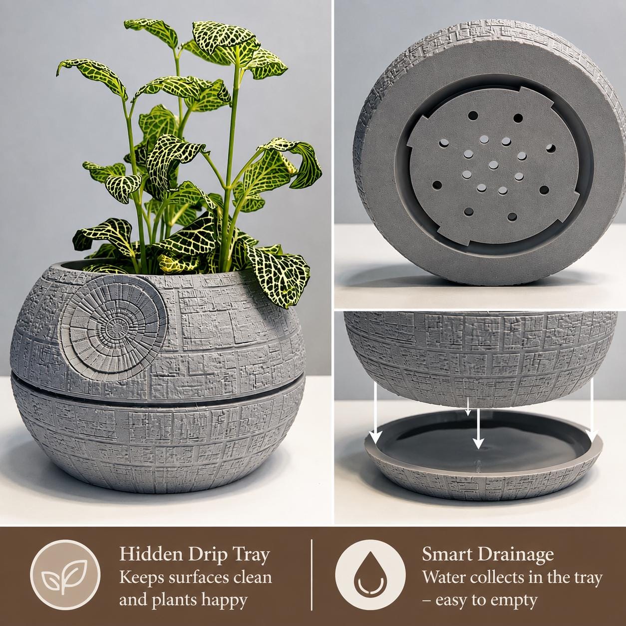 Death Star Plant Pot with Hidden Drip Tray | Star Wars Inspired Planter | Sci Fi Home Decor | Geek Gift