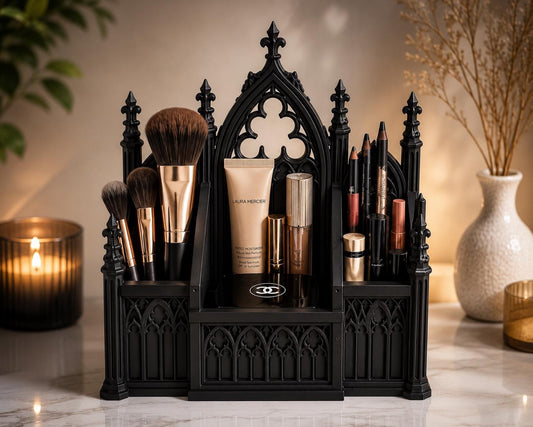 Gothic Makeup Organizer – Cathedral Vanity Storage | 3 Compartment Makeup & Brush Holder | Gothic Bathroom Decor