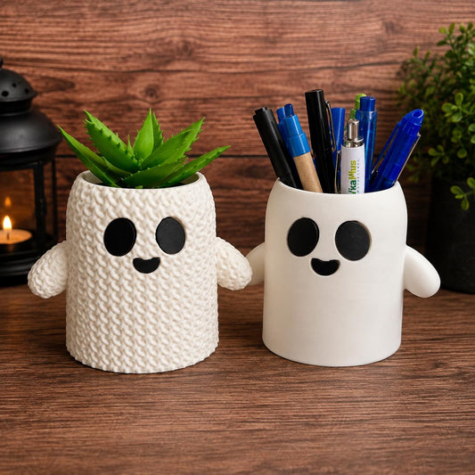 Cute Ghost Planter & Pencil Holder – Knitted or Smooth Ghost Pot – Halloween Decor – Spooky Cute 3D Printed Vase