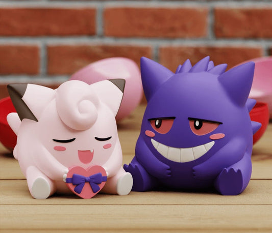 Gengar & Clefairy Couples His and Hers 3D Printed Pokemon Love Heart Valentines Anniversary Gift Statue Figure Model - White Ready to Paint